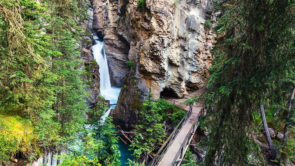 View of Johnston Canyon in Banff National Park, with a waterfall, turquoise creek, rocky canyon walls, and a narrow boardwalk through the forest.